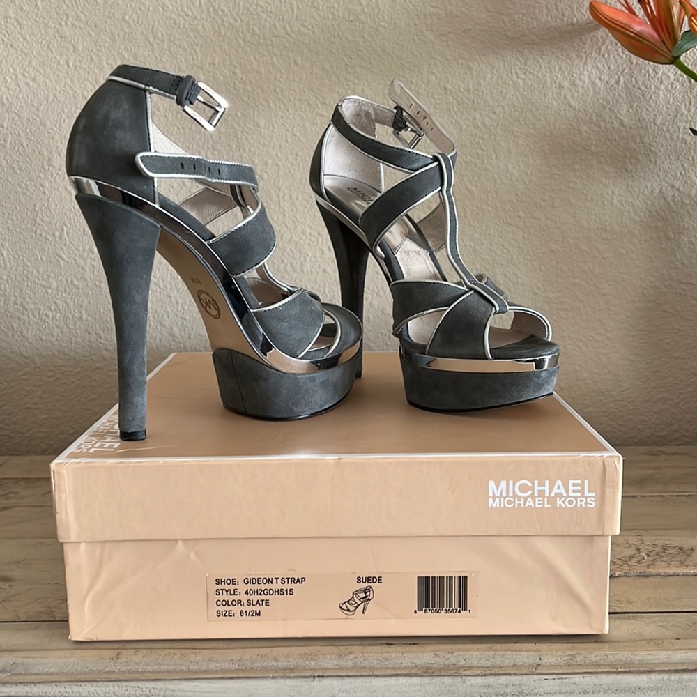 Michael Kors Gideon Strap, Suede Heels. Gray and silver.
